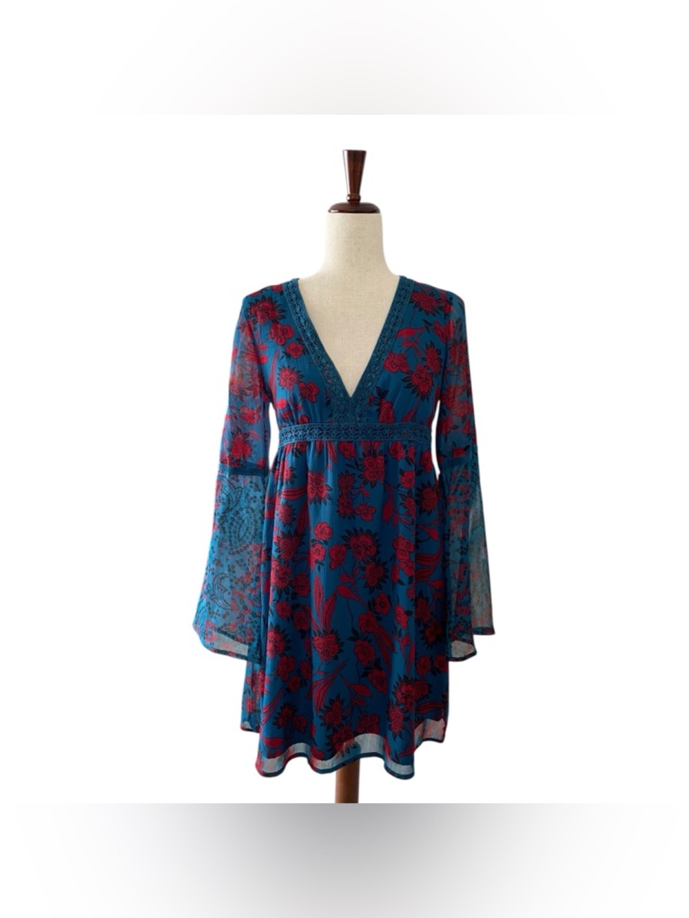 Abercrombie & Fitch Boho Floral Mini Dress V Neck Empire Waist Small Long Sleeve